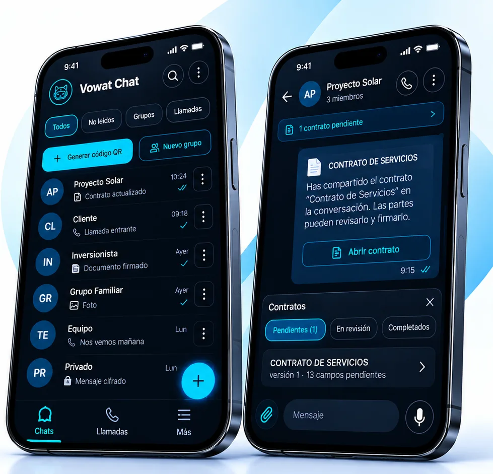 Pantallas de Vowat Chat: lista de chats y un contrato de servicios pendiente de firma